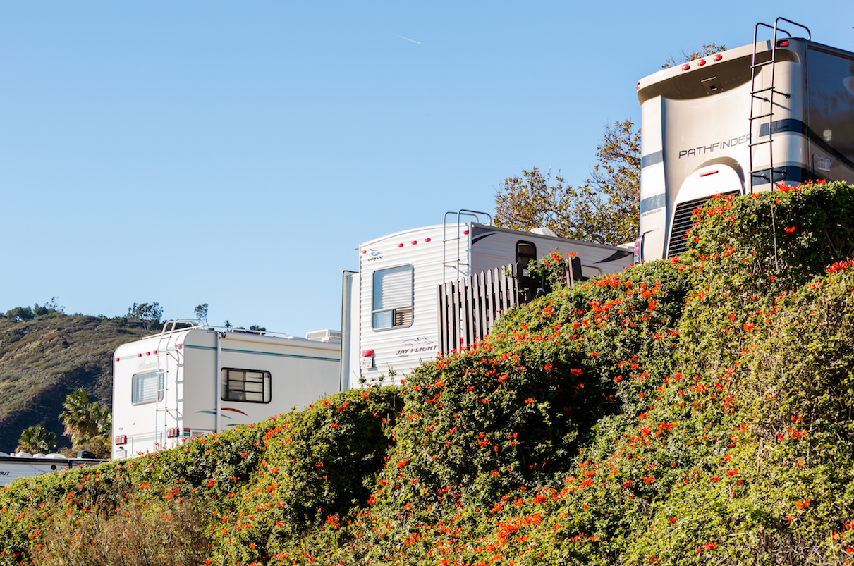 Winter RV camping on cost of California with flowe