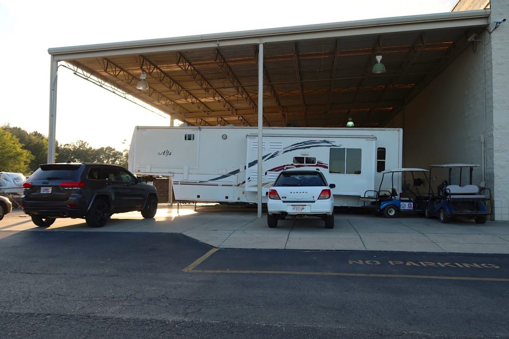 RV camper in storage