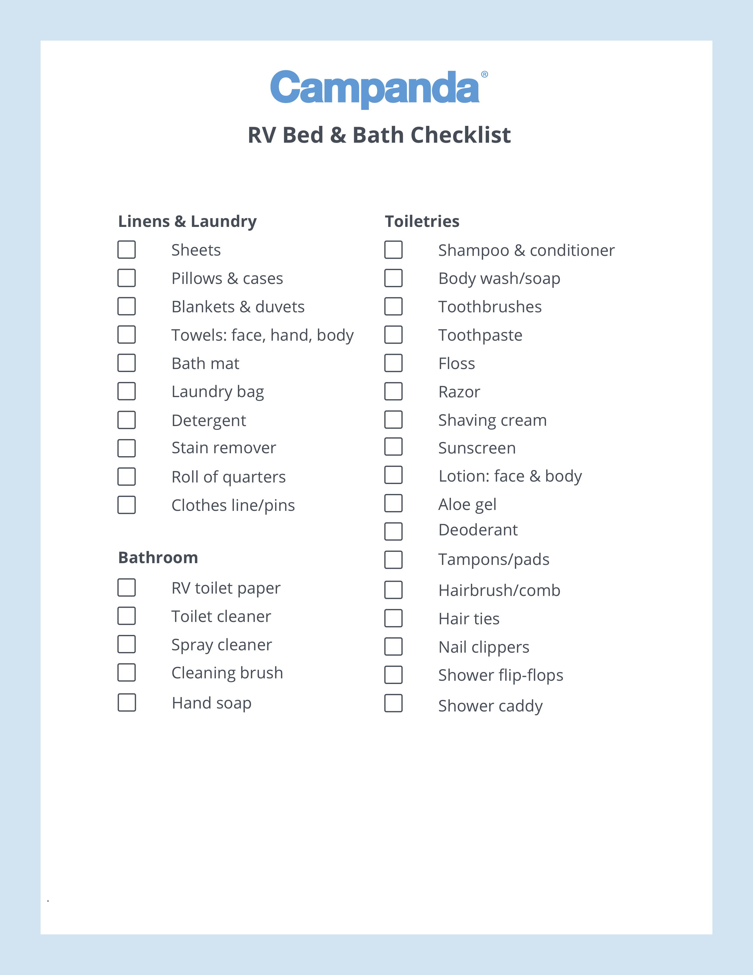 rv bed bath checklist download print