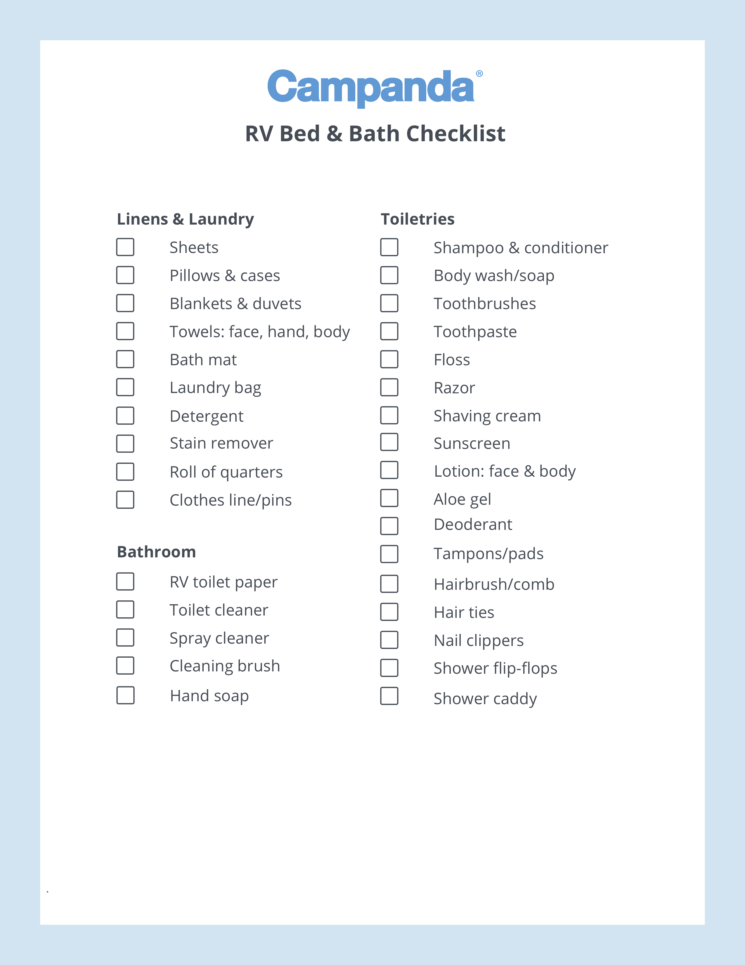 Rv Checklists 6 Printable Packing Lists Campanda