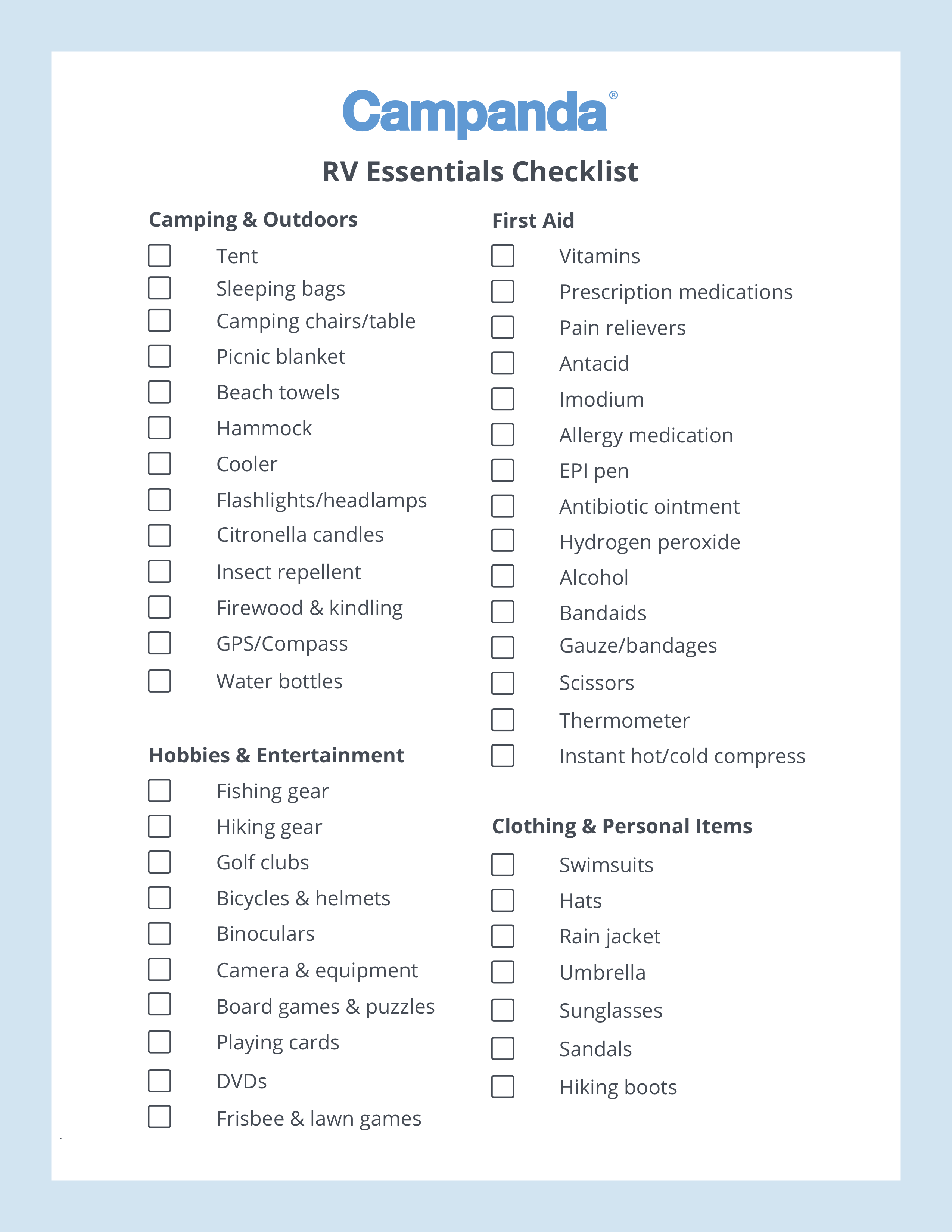 Rv camping essentials downloadable printable checklist