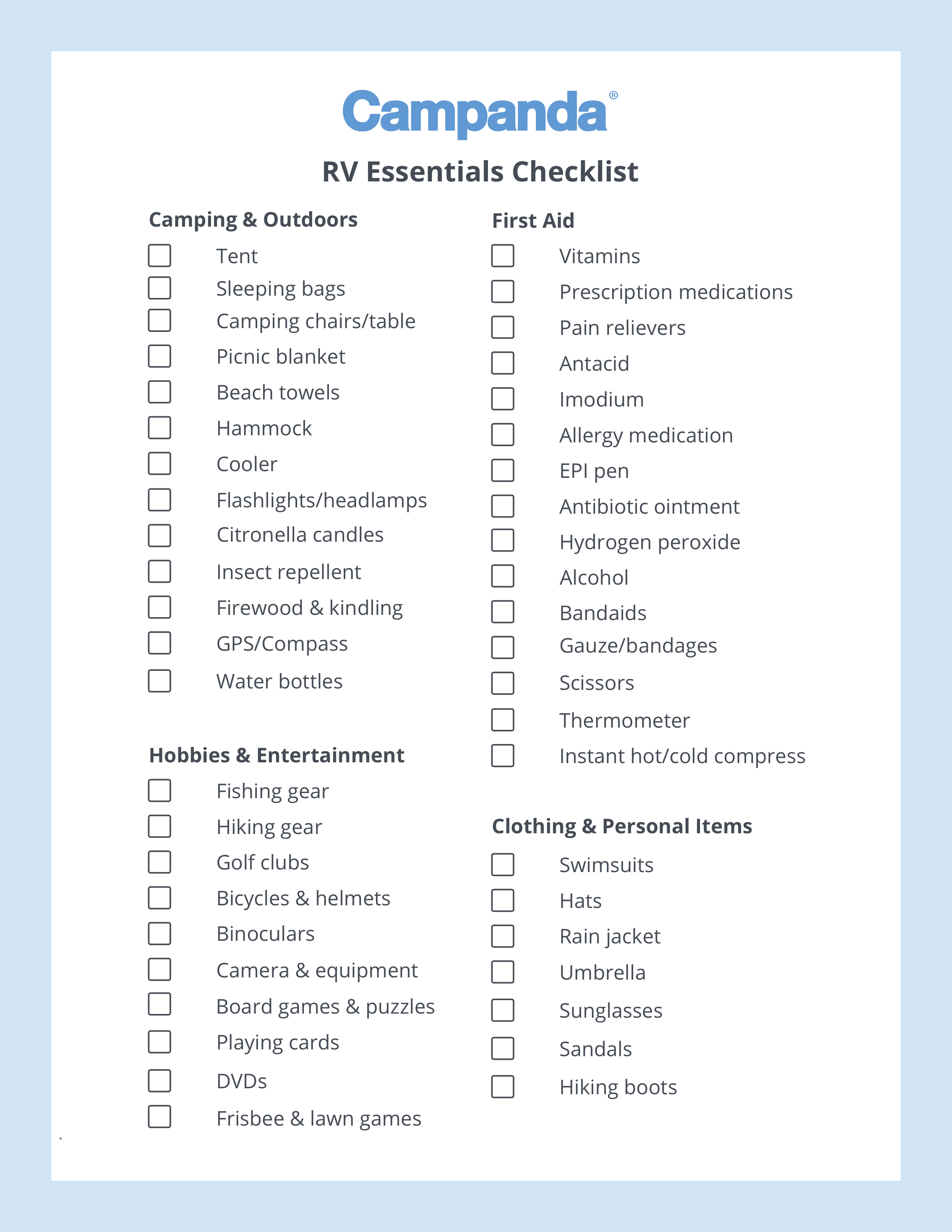 Camping Packing Checklist, RV Camper List Printable, Download, Gift for  Camper, Camping With Kids Planner, Camping Checklist, 