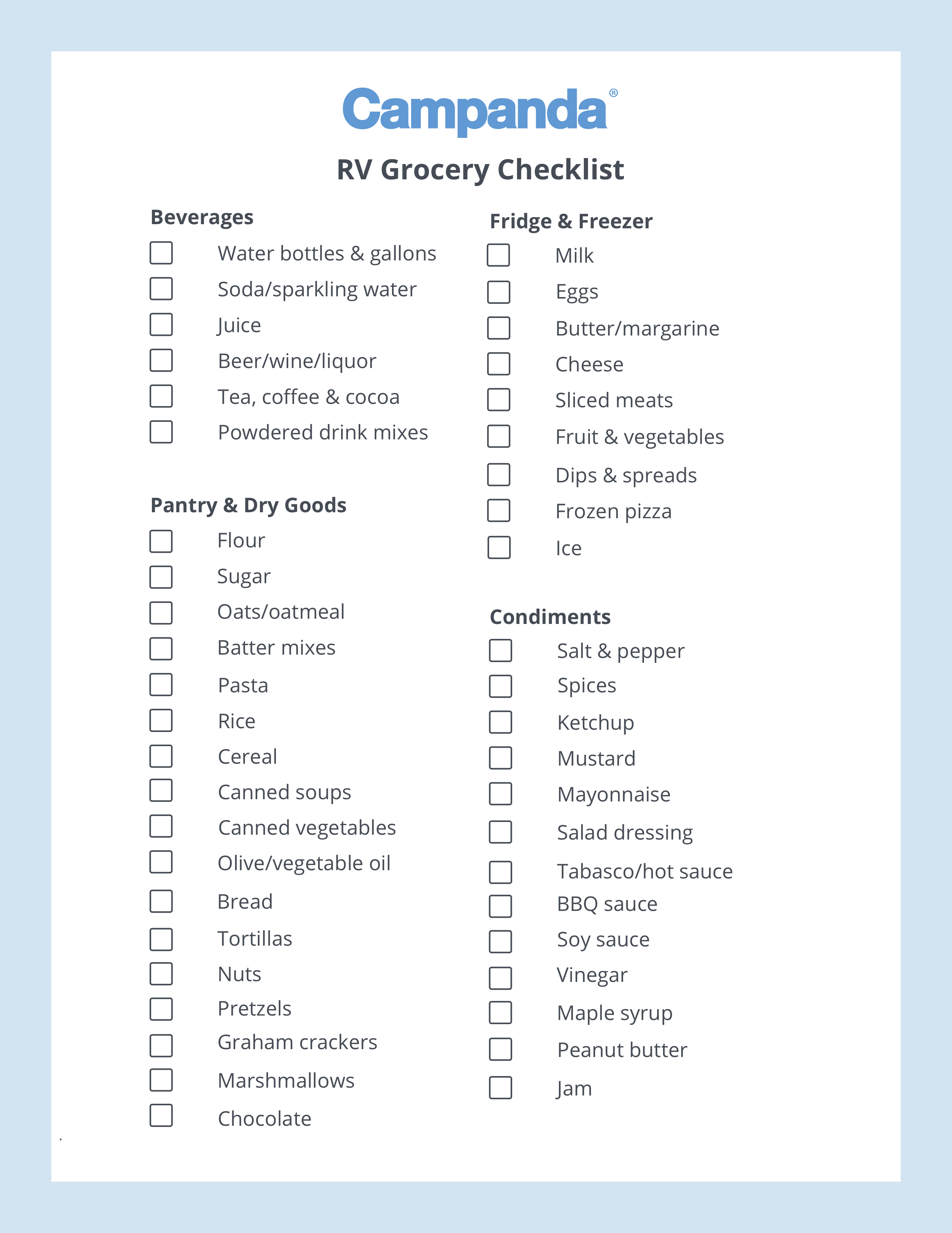 rv grocery checklist food shopping rv list what to buy for rv trip