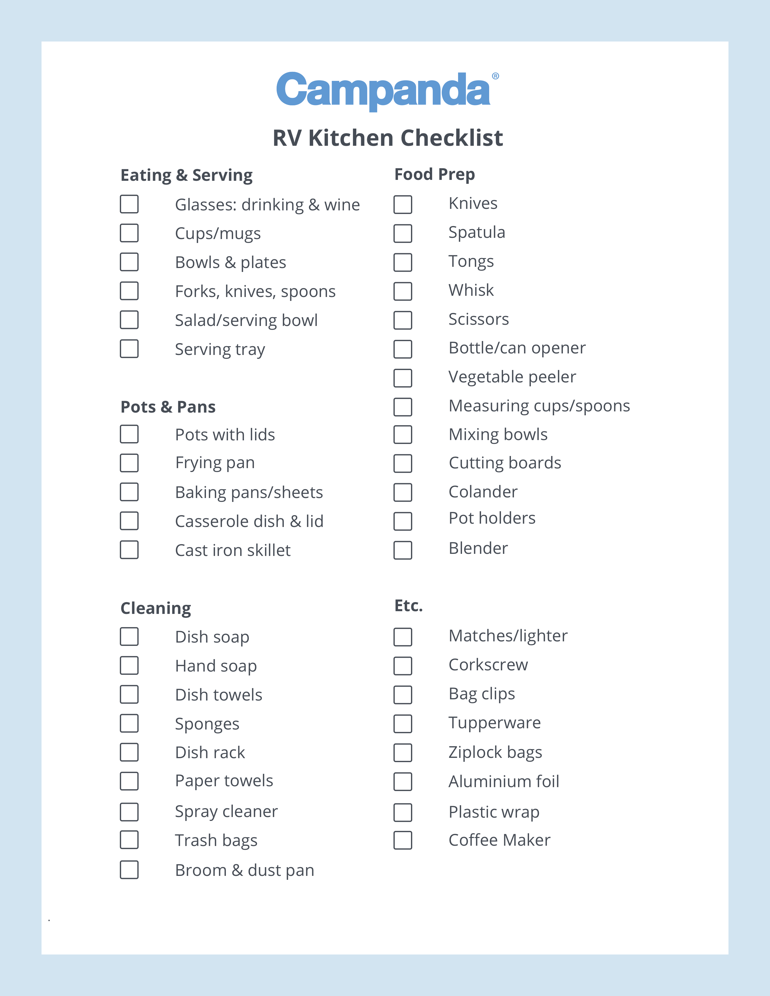 rv checklist kitchen supplies rv kitchen shopping list print