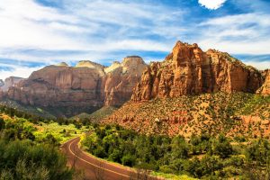 zion national park red rock cliffs driving rv camping