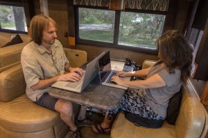 remote work rv dinette home office motorhome